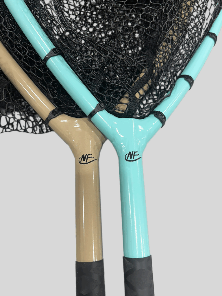 Two Big Water fishing nets side by side. One color is Quicksand, the other color is Seafoam.